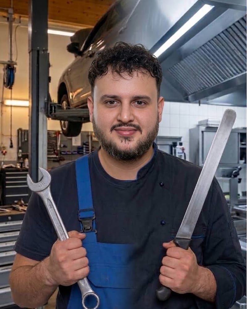 Akin Akgün in Kochjacke und blauer Latzhose, in der einen Hand ein Schraubenschlüssel, in der anderen ein Dönermesser, dahinter eine Hebebühne